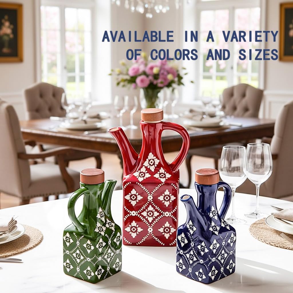 Blue Ceramic Olive Oil Dispenser Bottle for Kitchen, 8.5 oz Cruet for Avocado Oil with Handle & Wooden Stopper, Small Decorative Oil and Vinegar Dispenser Set, Oil Container Cruet for Olive